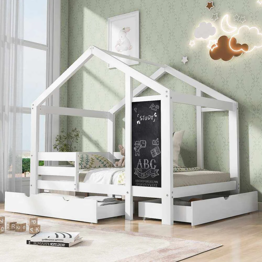 White House-Shaped Kids Bed with Built-In Chalkboard & Under-Bed Trundle Drawer | Wooden Cabin-Style
