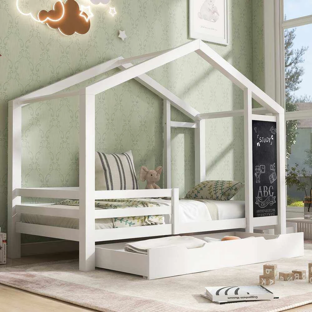White House-Shaped Kids Bed with Built-In Chalkboard & Under-Bed Trundle Drawer | Wooden Cabin-Style