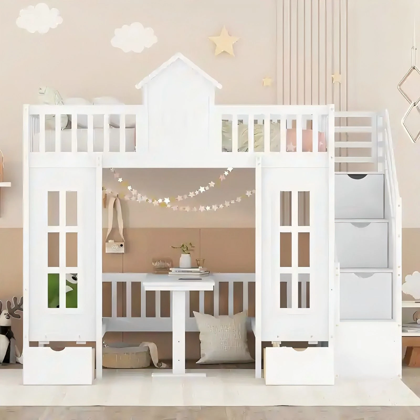 Pink House-Shaped Kids Loft Bed with Storage Stairs, Integrated Desk & Play Area | White & Pink Wood