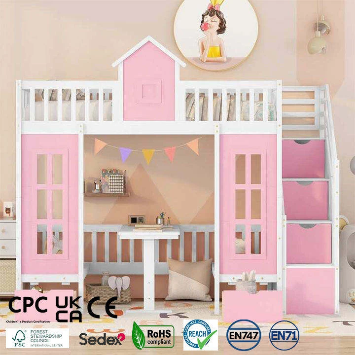 Pink House-Shaped Kids Loft Bed with Storage Stairs, Integrated Desk & Play Area | White & Pink Wood