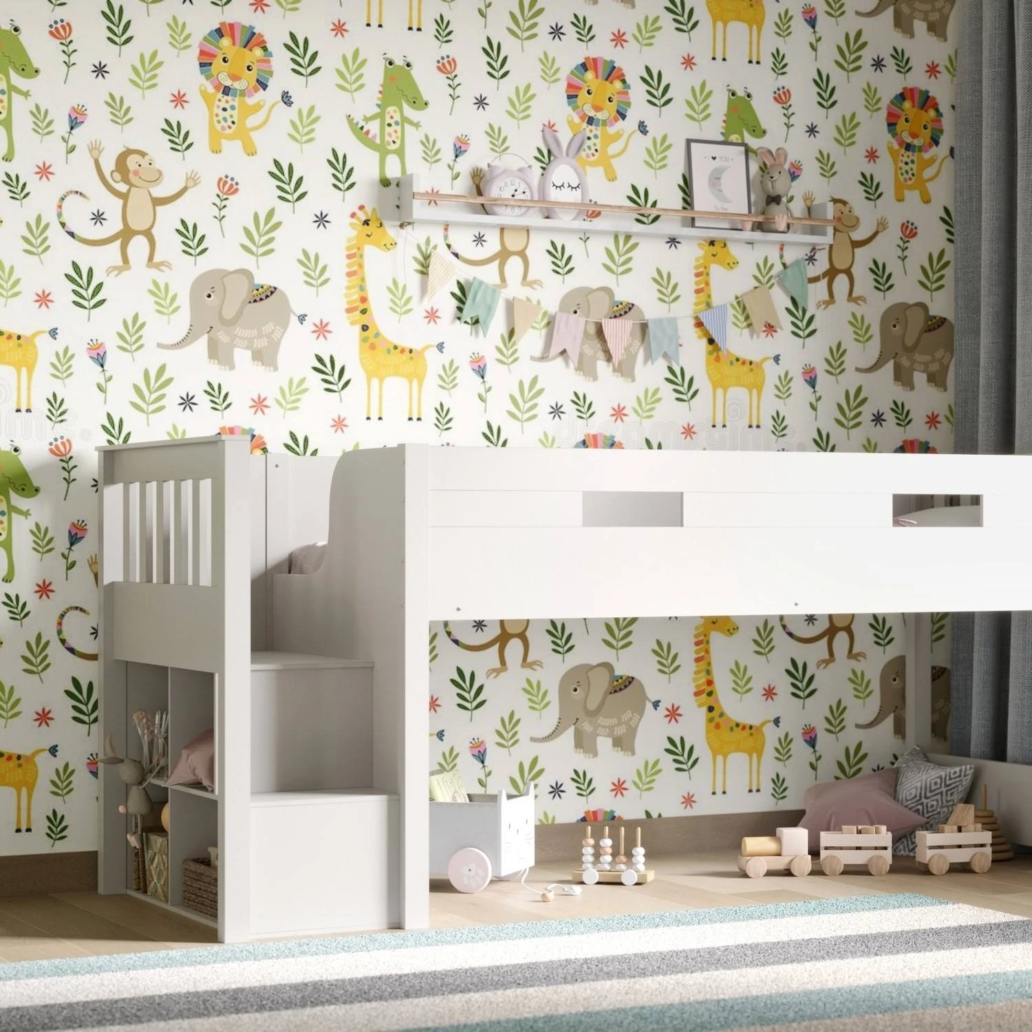 White & Grey Kids Mid-Sleeper Bed with Storage Stairs & Cubby Shelves | Wooden Cabin Loft Bed with S