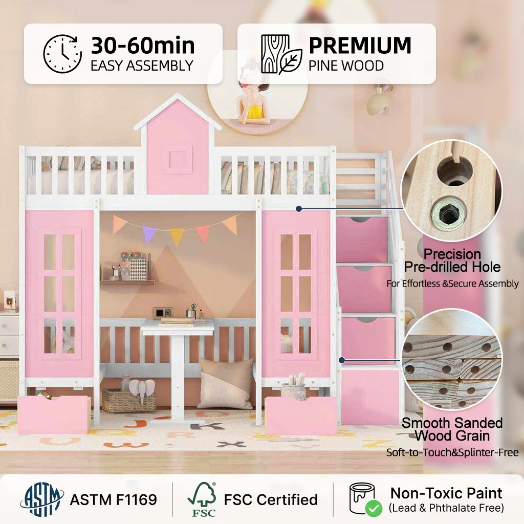 Pink House-Shaped Kids Loft Bed with Storage Stairs, Integrated Desk & Play Area | White & Pink Wood