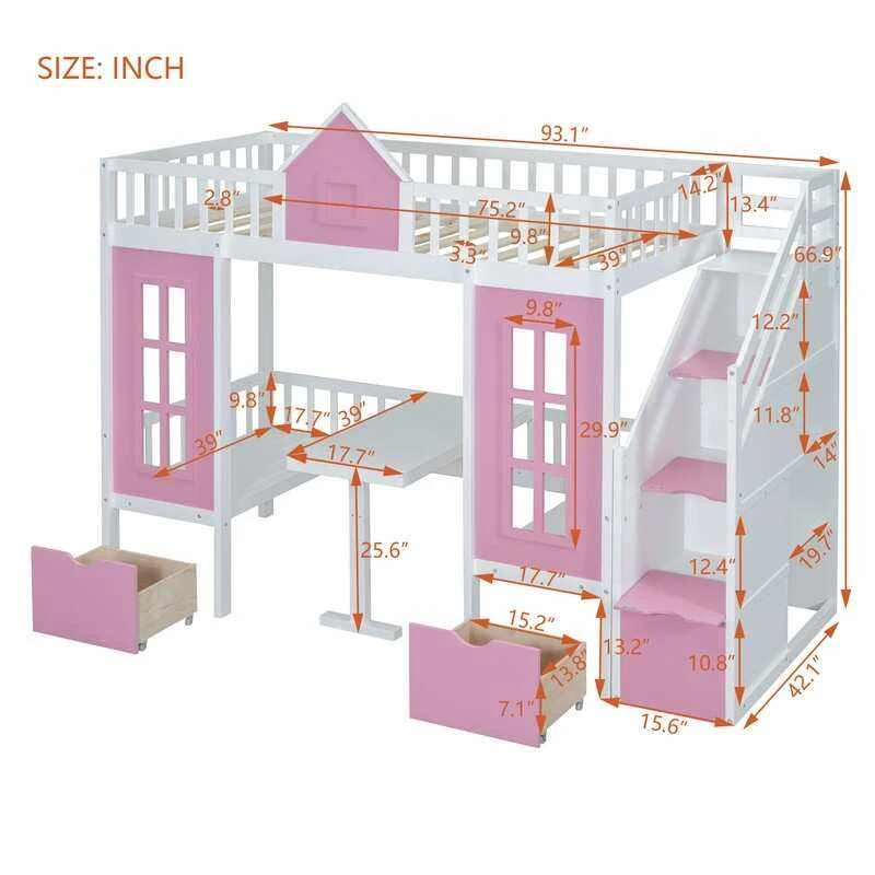 Pink House-Shaped Kids Loft Bed with Storage Stairs, Integrated Desk & Play Area | White & Pink Wood