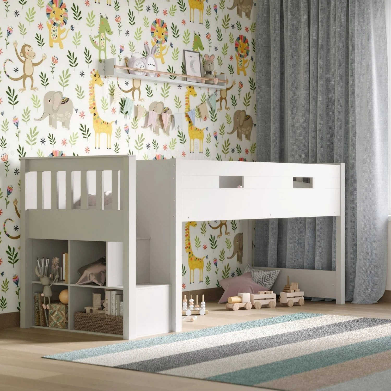 White & Grey Kids Mid-Sleeper Bed with Storage Stairs & Cubby Shelves | Wooden Cabin Loft Bed with S
