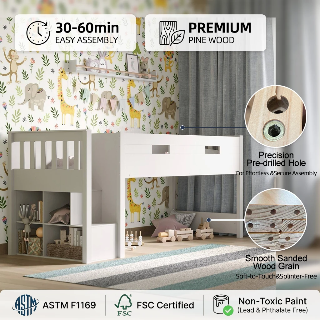 White & Grey Kids Mid-Sleeper Bed with Storage Stairs & Cubby Shelves | Wooden Cabin Loft Bed with S