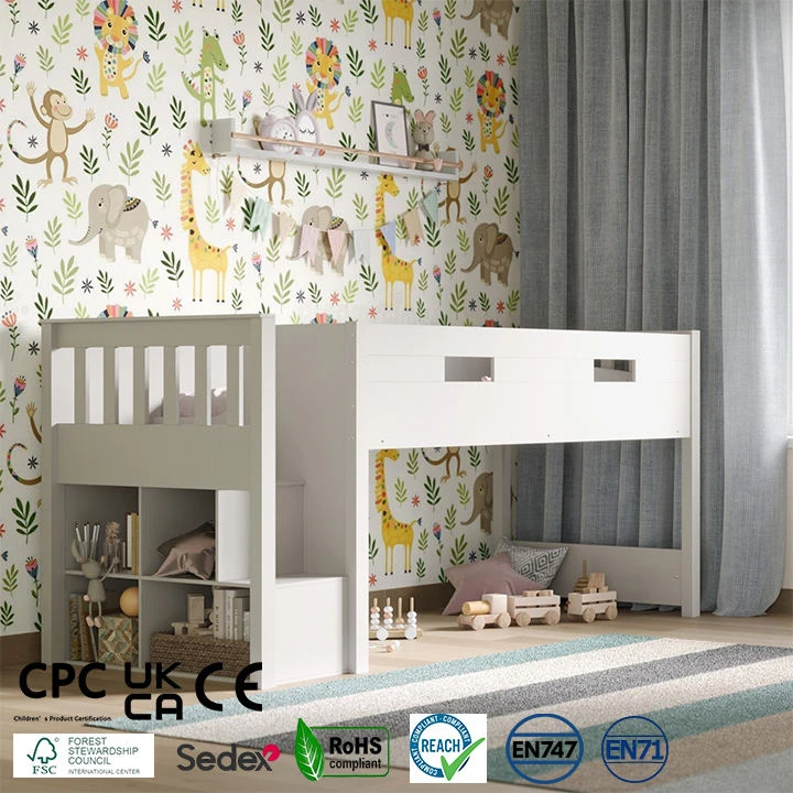 White & Grey Kids Mid-Sleeper Bed with Storage Stairs & Cubby Shelves | Wooden Cabin Loft Bed with S