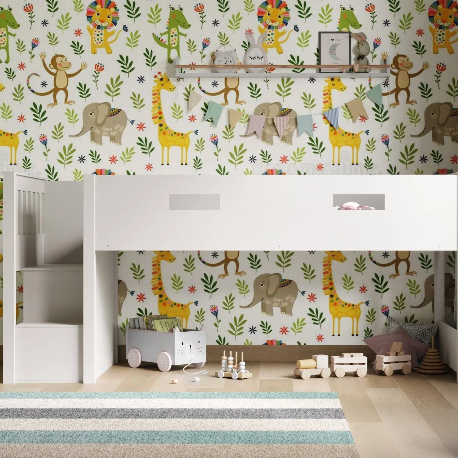 White & Grey Kids Mid-Sleeper Bed with Storage Stairs & Cubby Shelves | Wooden Cabin Loft Bed with S