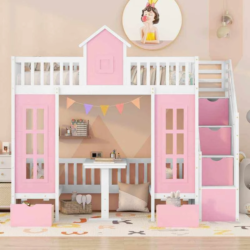 Pink House-Shaped Kids Loft Bed with Storage Stairs, Integrated Desk & Play Area | White & Pink Wood